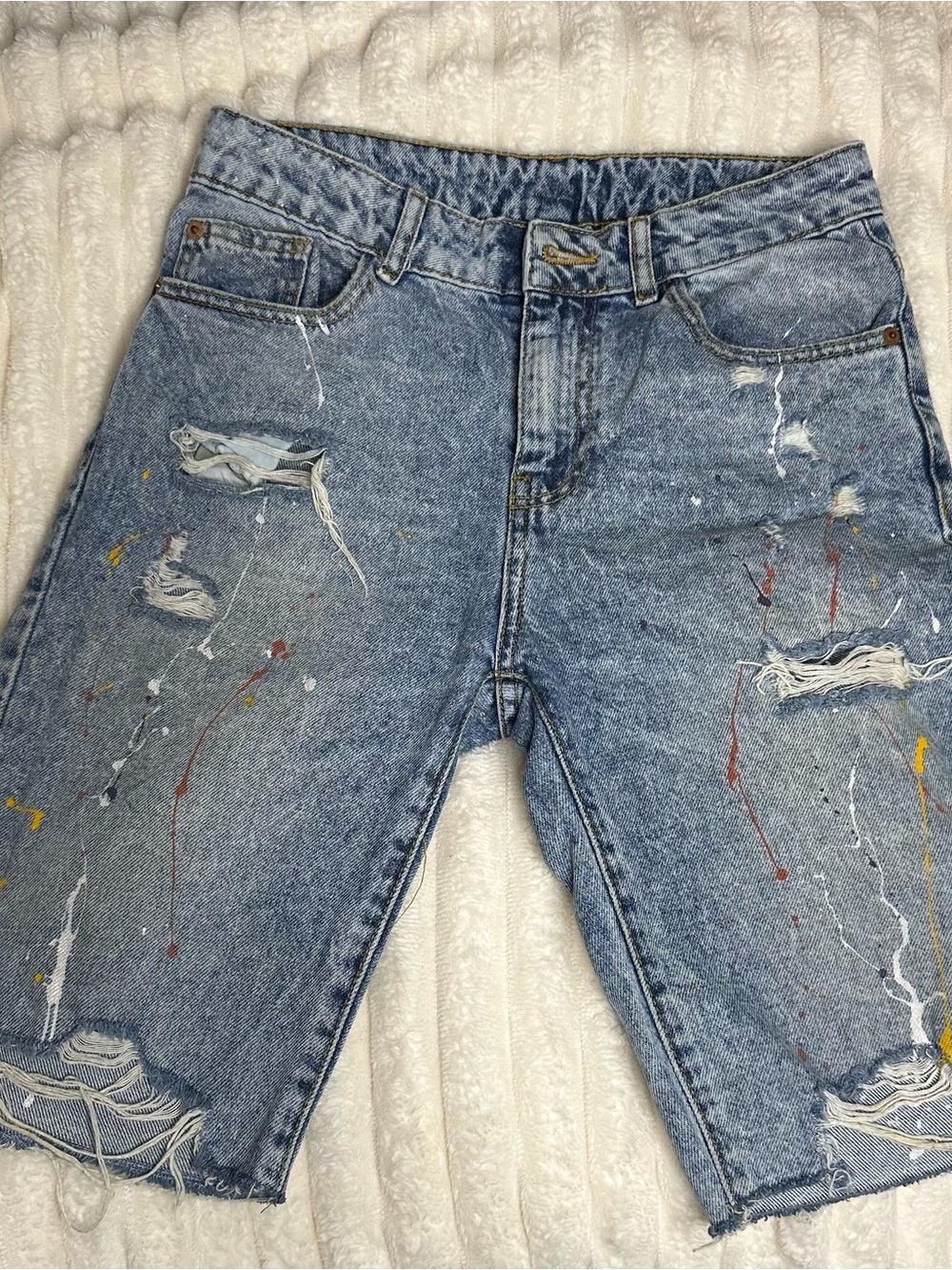 Zara Light Blue Distressed Denim Shorts with Paint Splatter